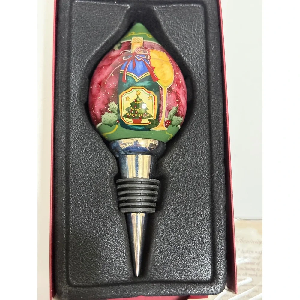 Ne'Qwa Art Susan Winget Christmas Wine Hand Painted Glass Bottle Stopper